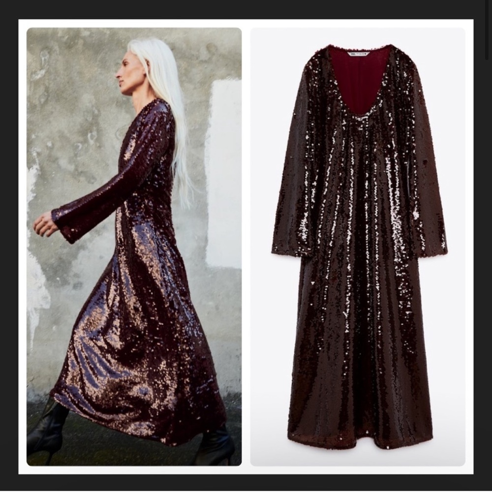 Zara Sequin Midi Dress in Deep Burgundy